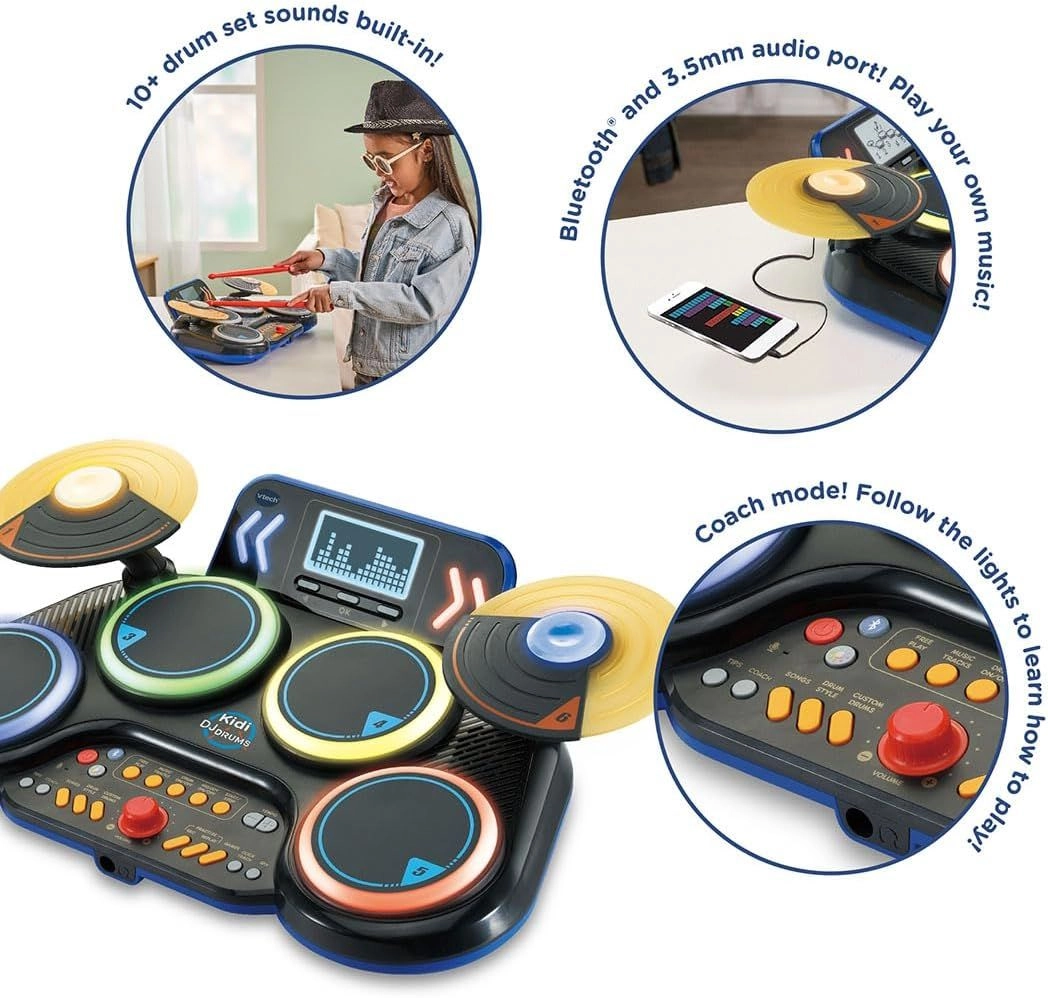 10-In-1 Kidi Light-Up DJ Drums Kit With Bluetooth - 25+ songs Suitable for 5 years & above