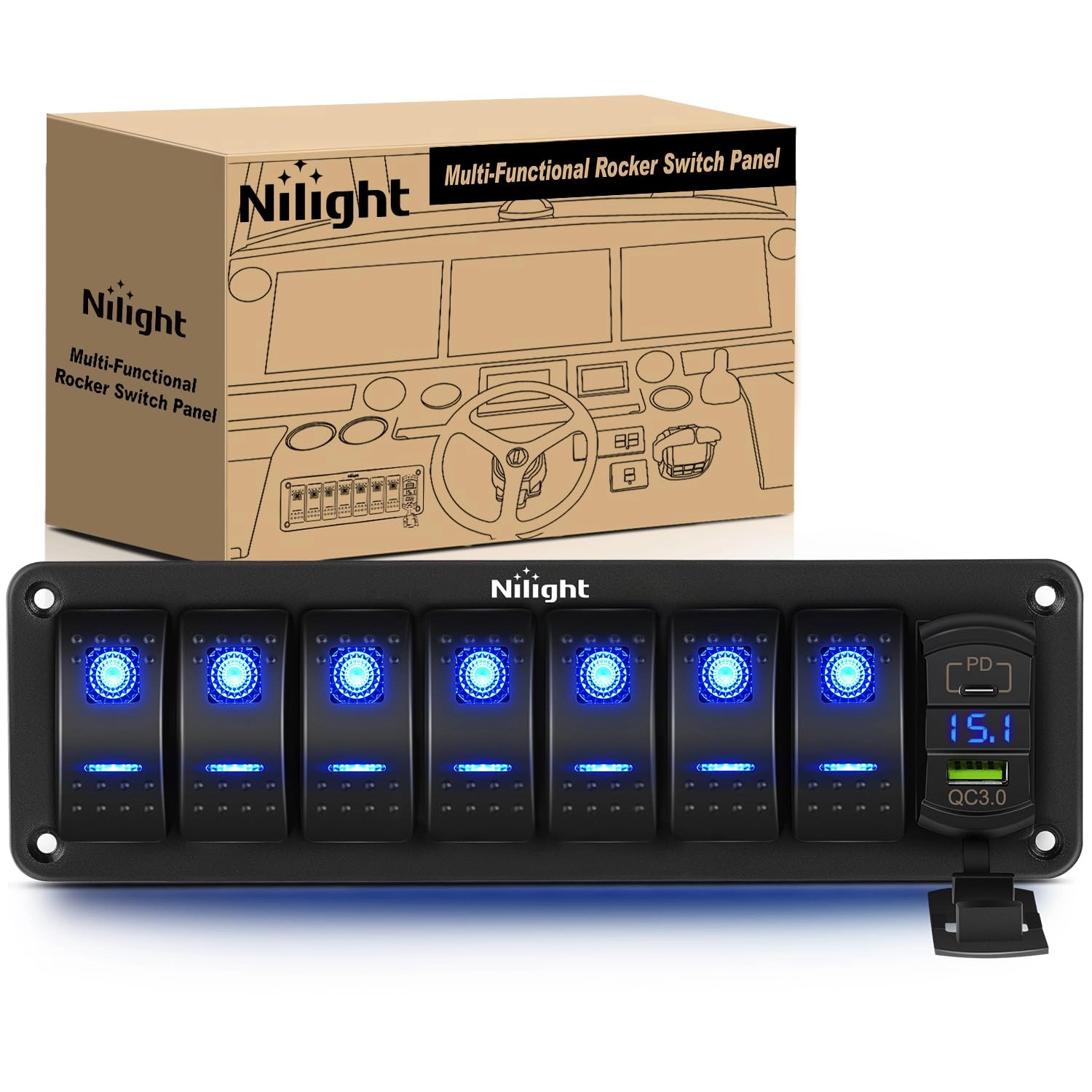 Nilight 7 Gang Rocker Switch Panel - PD Type C USB Charger Voltmeter