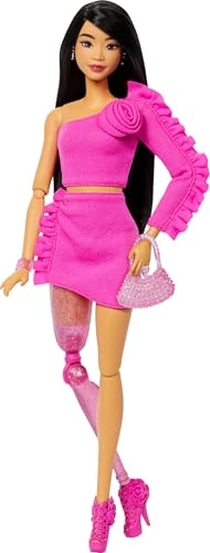 Barbie Deluxe Style Doll - Glittery Prosthetic Leg Black Hair Pink Top And Skirt Set Ages 4+