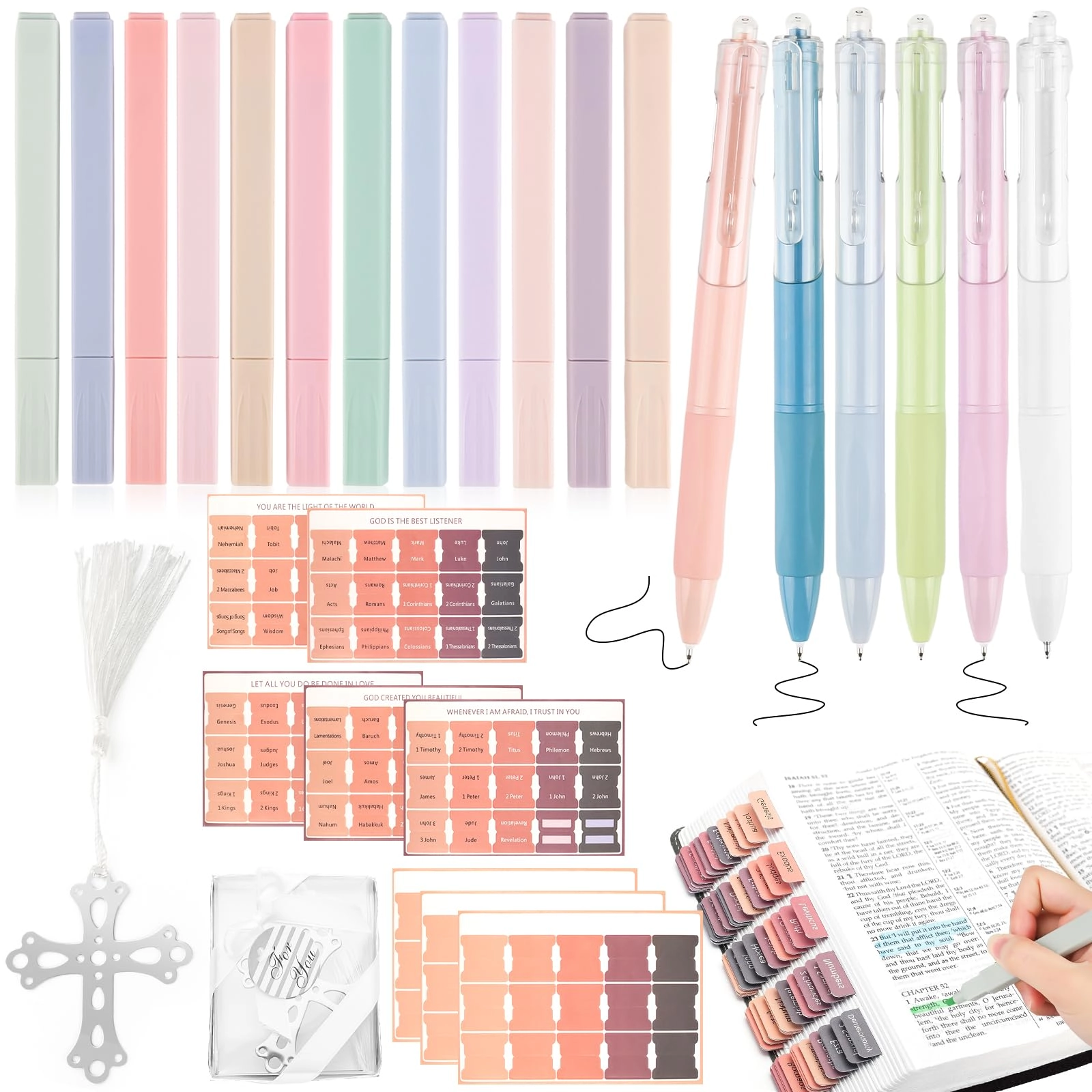 FAMCUCHE Highlighters + Gel Pens + Bible Tabs + Bookmark - Pastel colors Medium, Fine