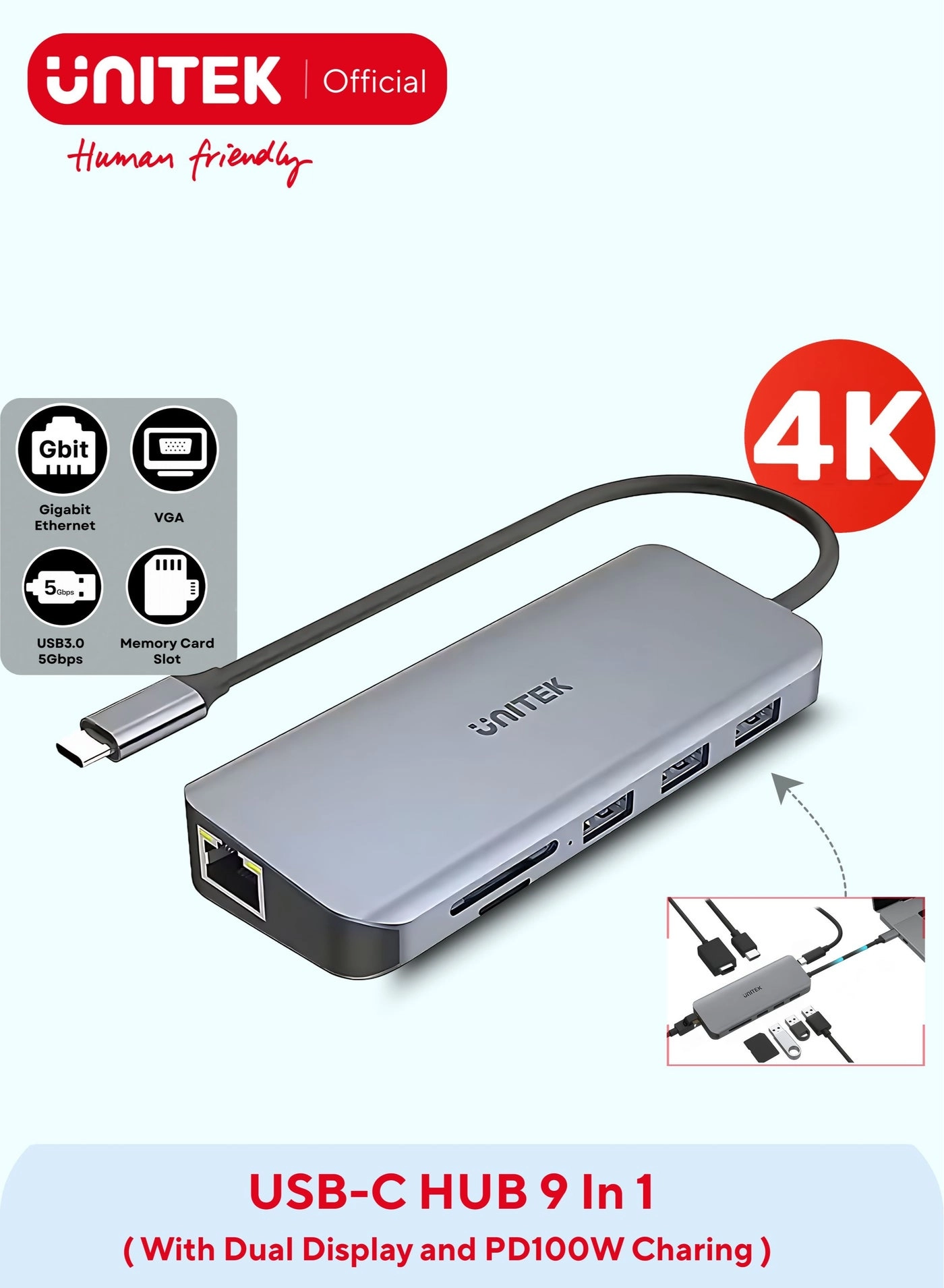 UNITEK D1113A - 9-in-1 USB-C Hub 3x USB-A 5Gbps HDMI 4K@30Hz PD 100W