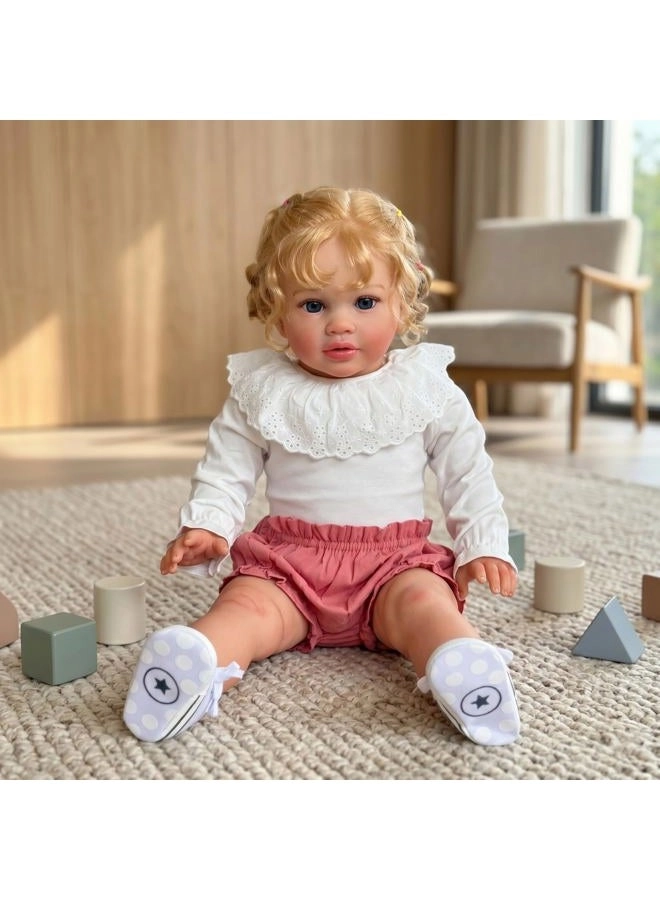 Ardol Reborn Baby Doll - 26 Inches Soft Cloth Body Rooted Blond Curly Hair