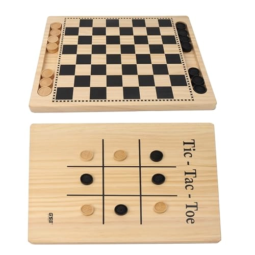 2-in-1 Wooden Checkers Tic-Tac-Toe Board