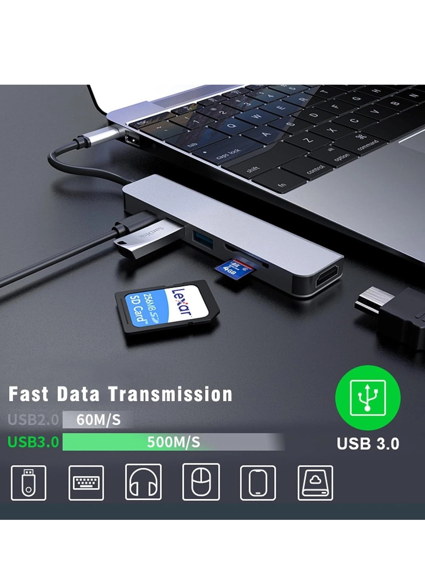 6-in-1 USB C Adapter - USB 3.0 5Gbps SD/TF Card Readers