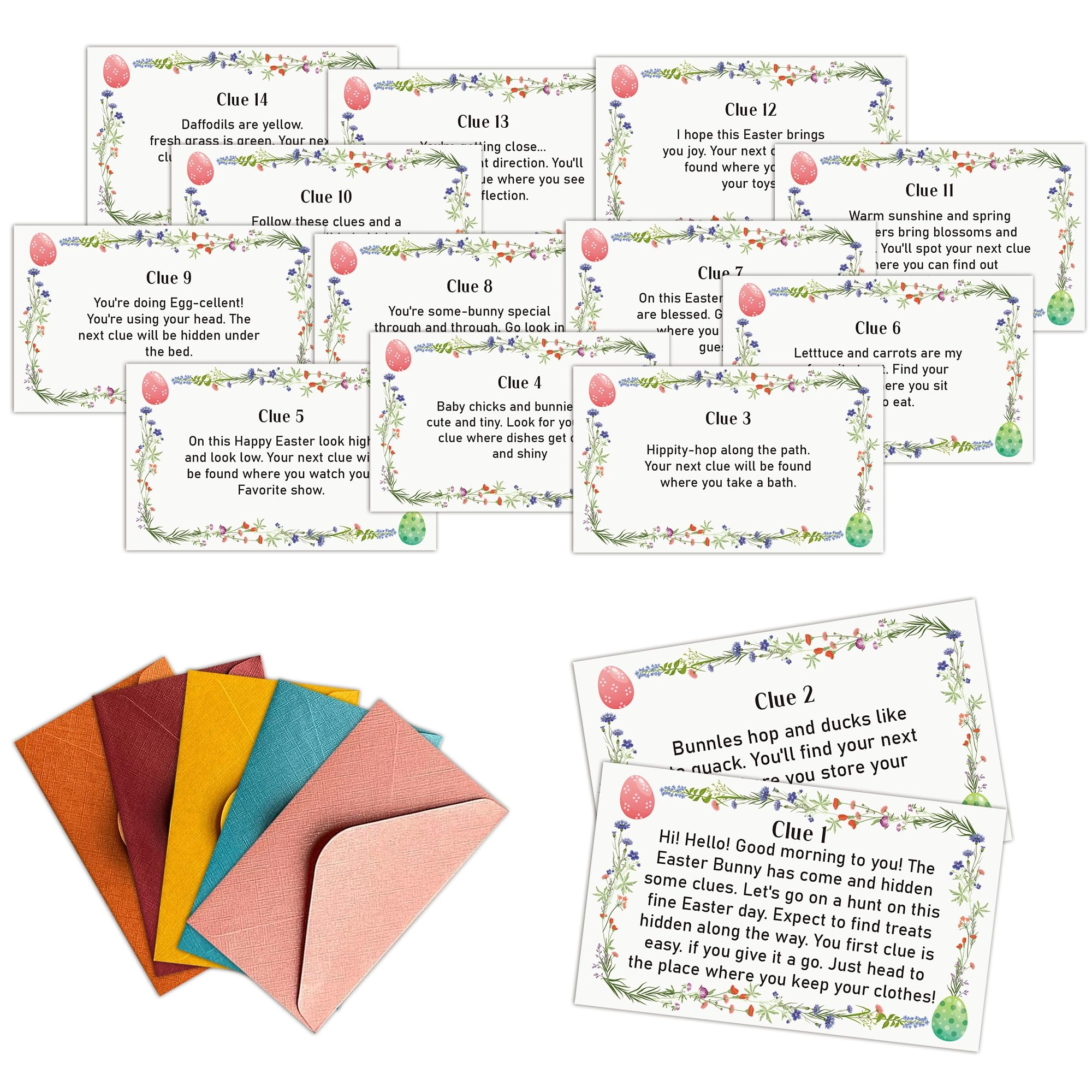 DRWJPAT Easter Scavenger Hunt Game - 18 years and up 16 easter-style clue cards and 16 vintage-looking envelopes