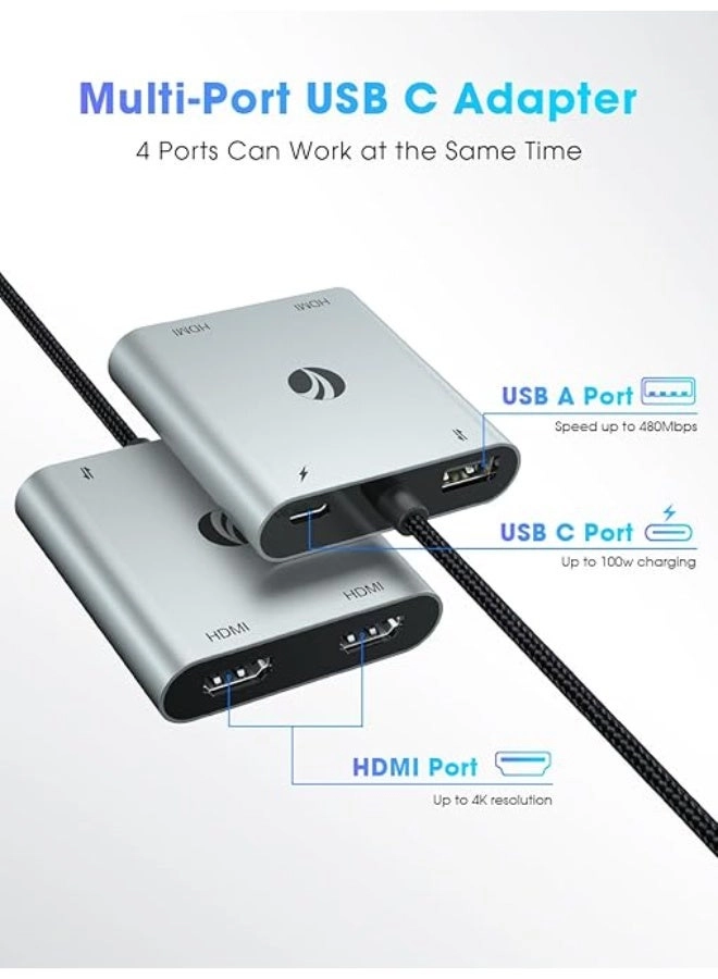 USB C to Dual HDMI Adapter - USB 2.0 4K@60Hz and Dual 4K@30Hz