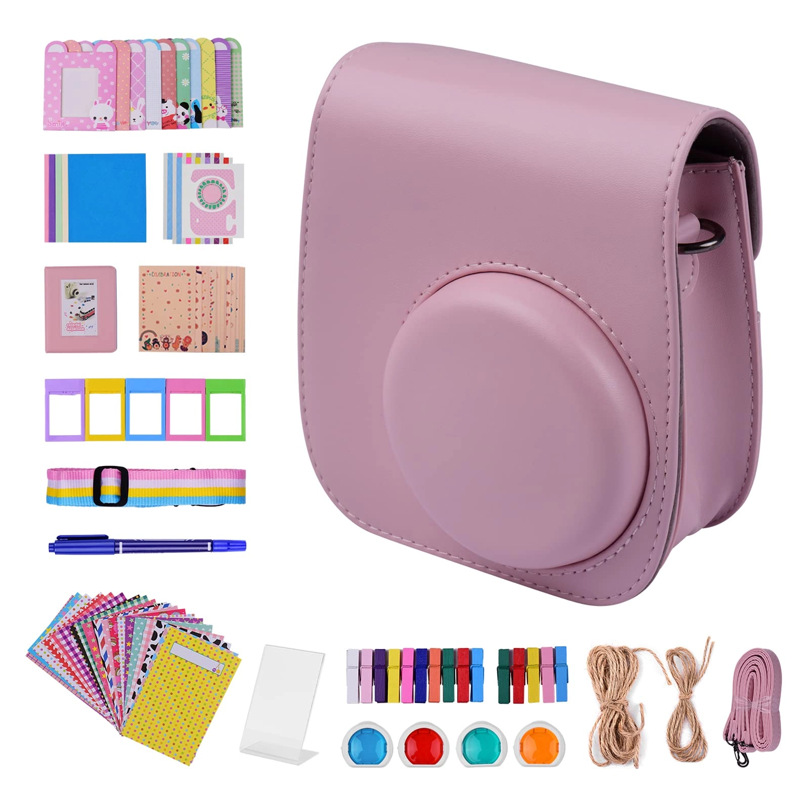 Instant Camera Accessories Kit + Camera Bag + Camera Strap + Photo Album + Photo Clips + Photo Frame + Hanging String + Stickers + Pen + Filt - 12-in-1 leather
