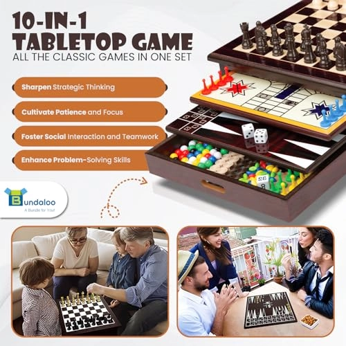 Wooden Board Game Set - 10-in-1 Built-in Storage