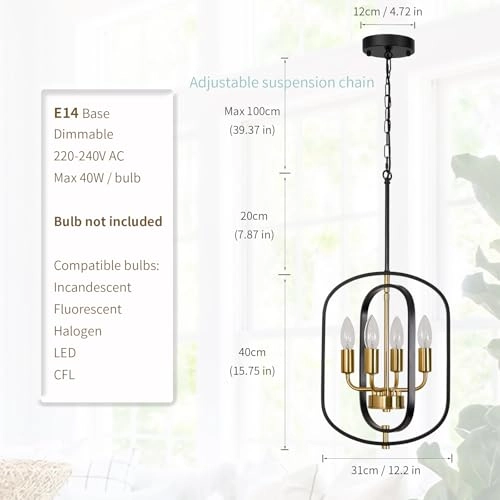 Dining Room Chandelier - Black and Gold 4 Lights Adjustable Height