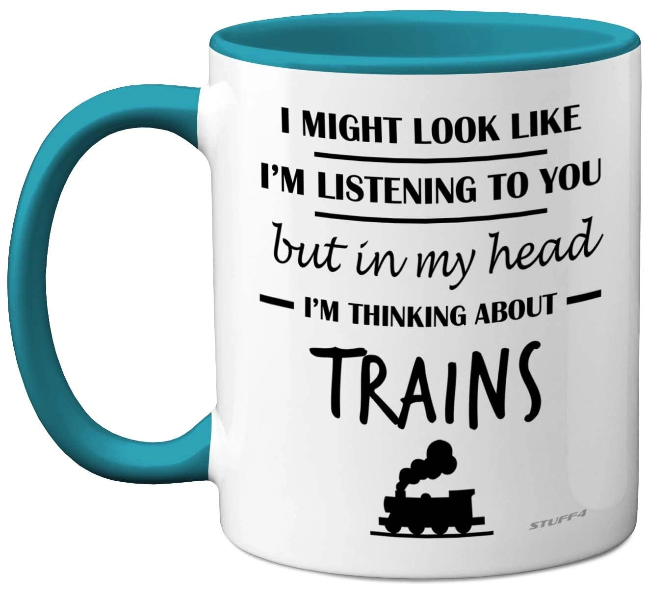 STUFF4 in My Head I'm Thinking About Trains Mug - Ceramic Light Blue Handle