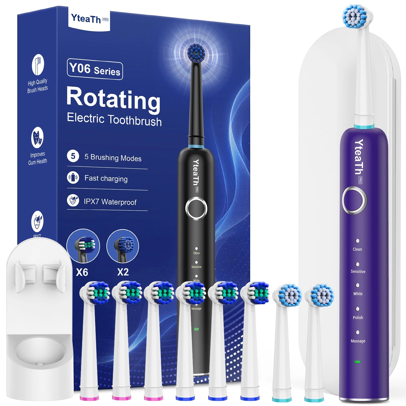 Electric Toothbrush - Rotating 8 Brush Heads Matte Black