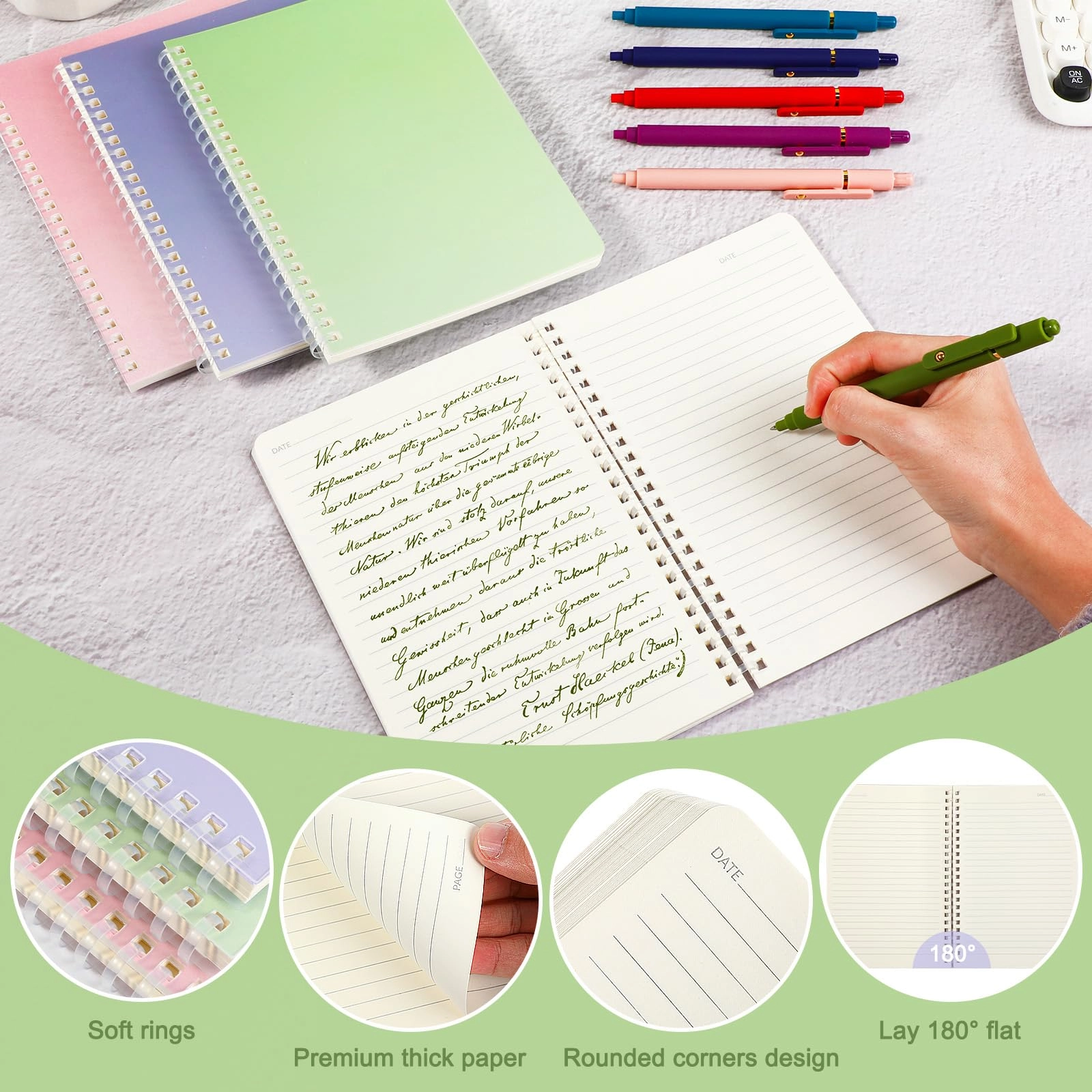Spiral Notebooks + Ink Gel Pens + Refills A5 Spiral - Lined 540 Sheets