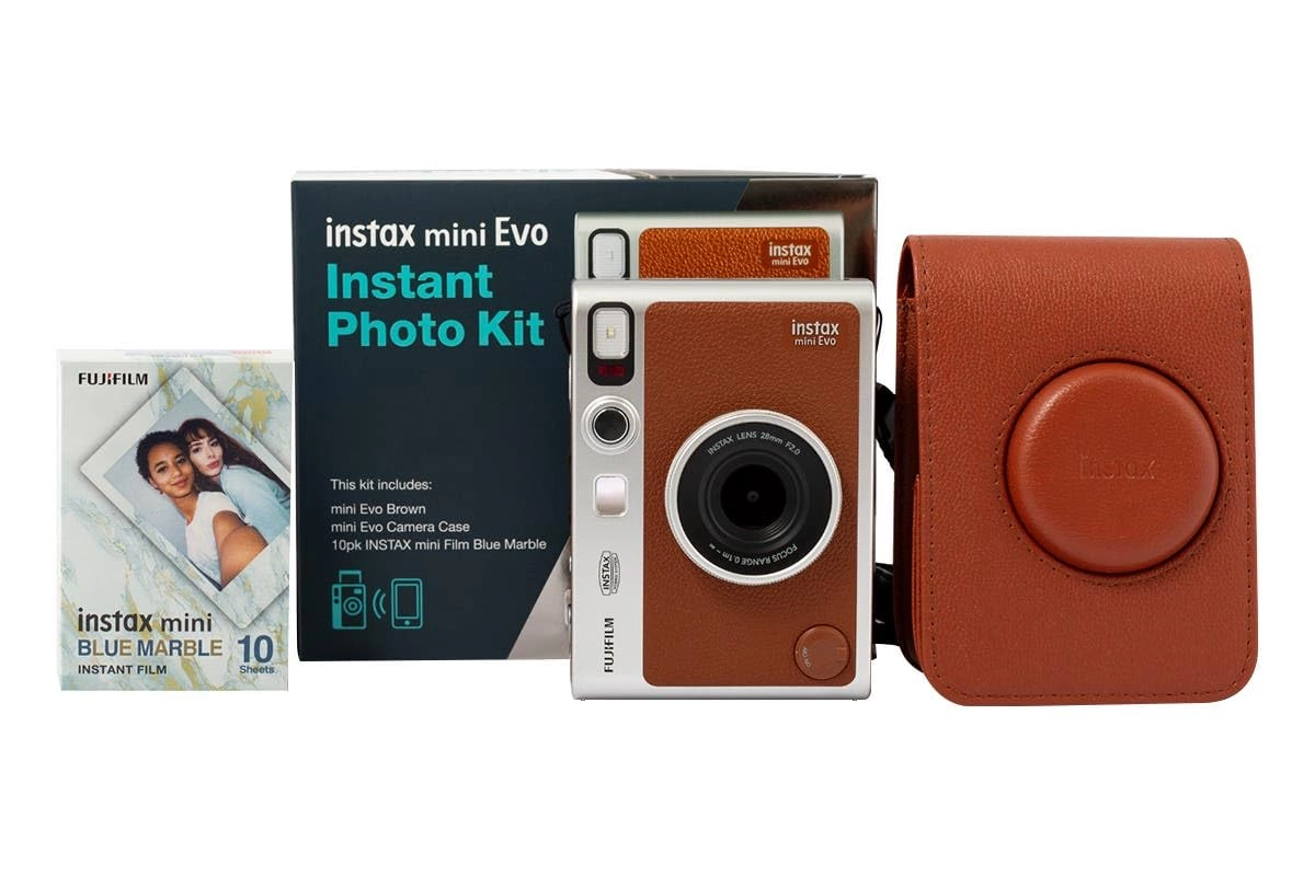 Instax Mini EVO - Brown + Instax Mini Instant Film Sheets - 60 Sheets + microSD Memory Card - 32GB + Small Padded Carrying Case + SD Card Reader + Microfiber Cleaning Cloth