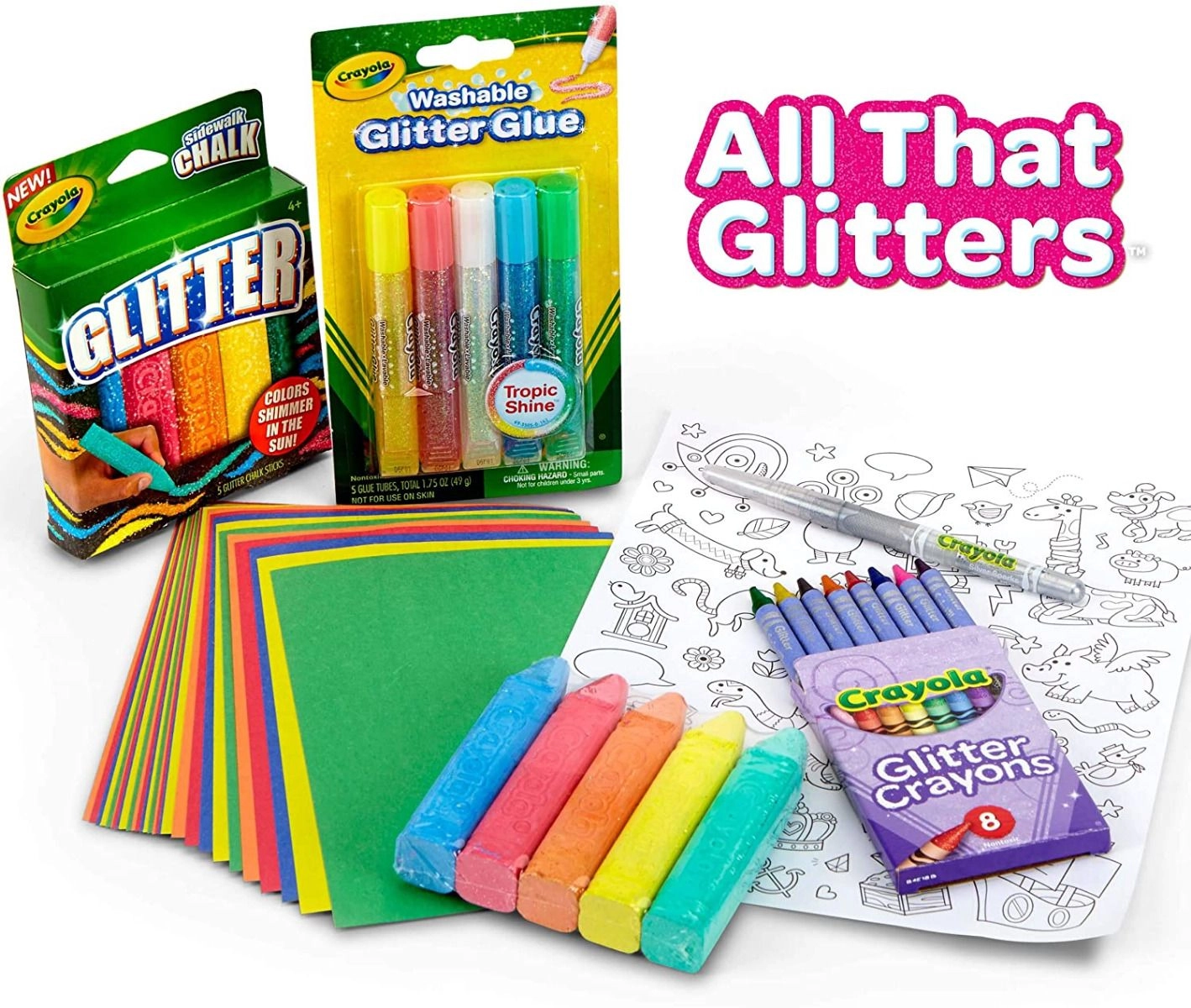 All That Glitters Art Case - 8 Glitter Crayons 5 Glitter Glue Tubes 5 Glitter Chalk Sticks 1 Glitter Marker 1 Color-Your-Own Sticker Sheet 30 Sheets of Construction Paper