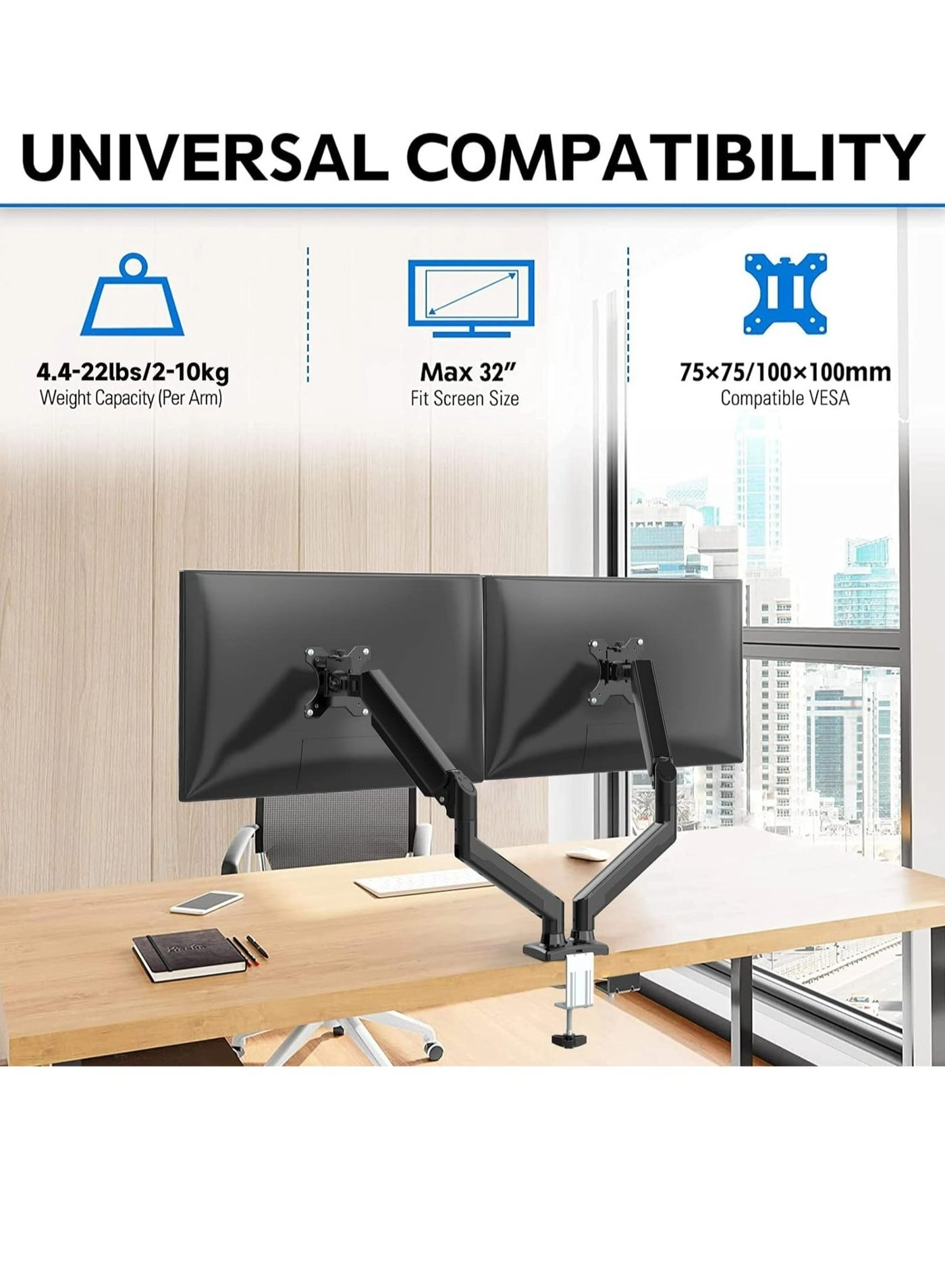 Dual Monitor Arm - two 13”-32” 75x75mm & 100x100mm