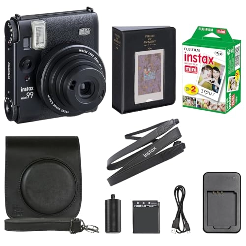Mini 99 - Instant Camera Black + Carrying Case - Vegan Leather + Instax Film Value Pack - 20 Sheets