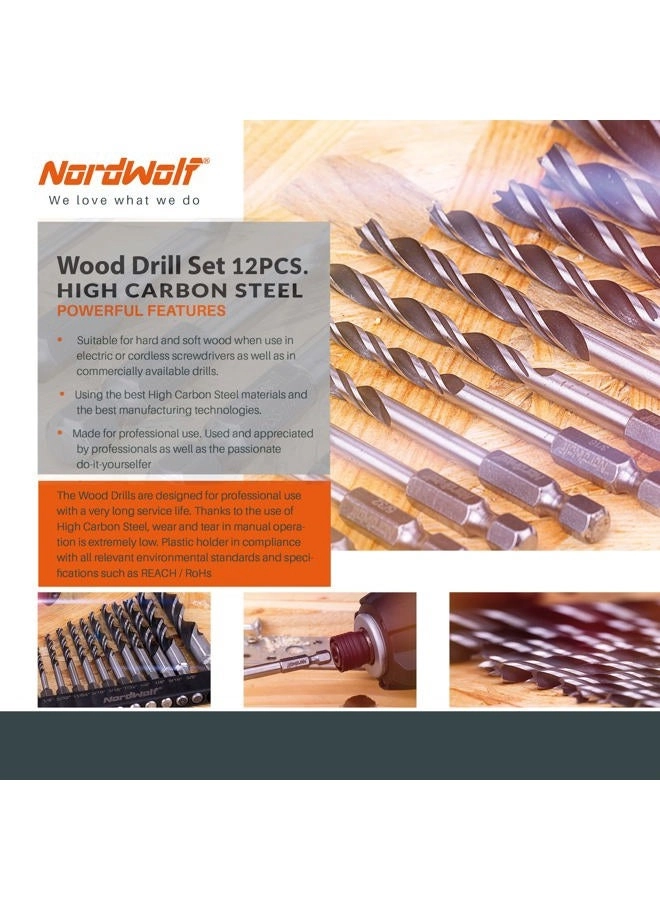 Brad Point Wood Drill Bit Set - High carbon steel 12-Piece 1/8" to 1/2"