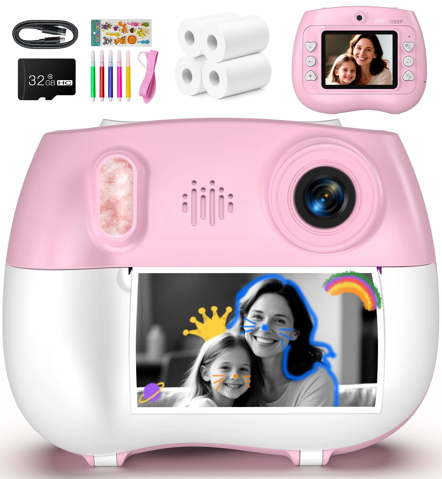 Instant Print Camera - 32GB Pink 1080P