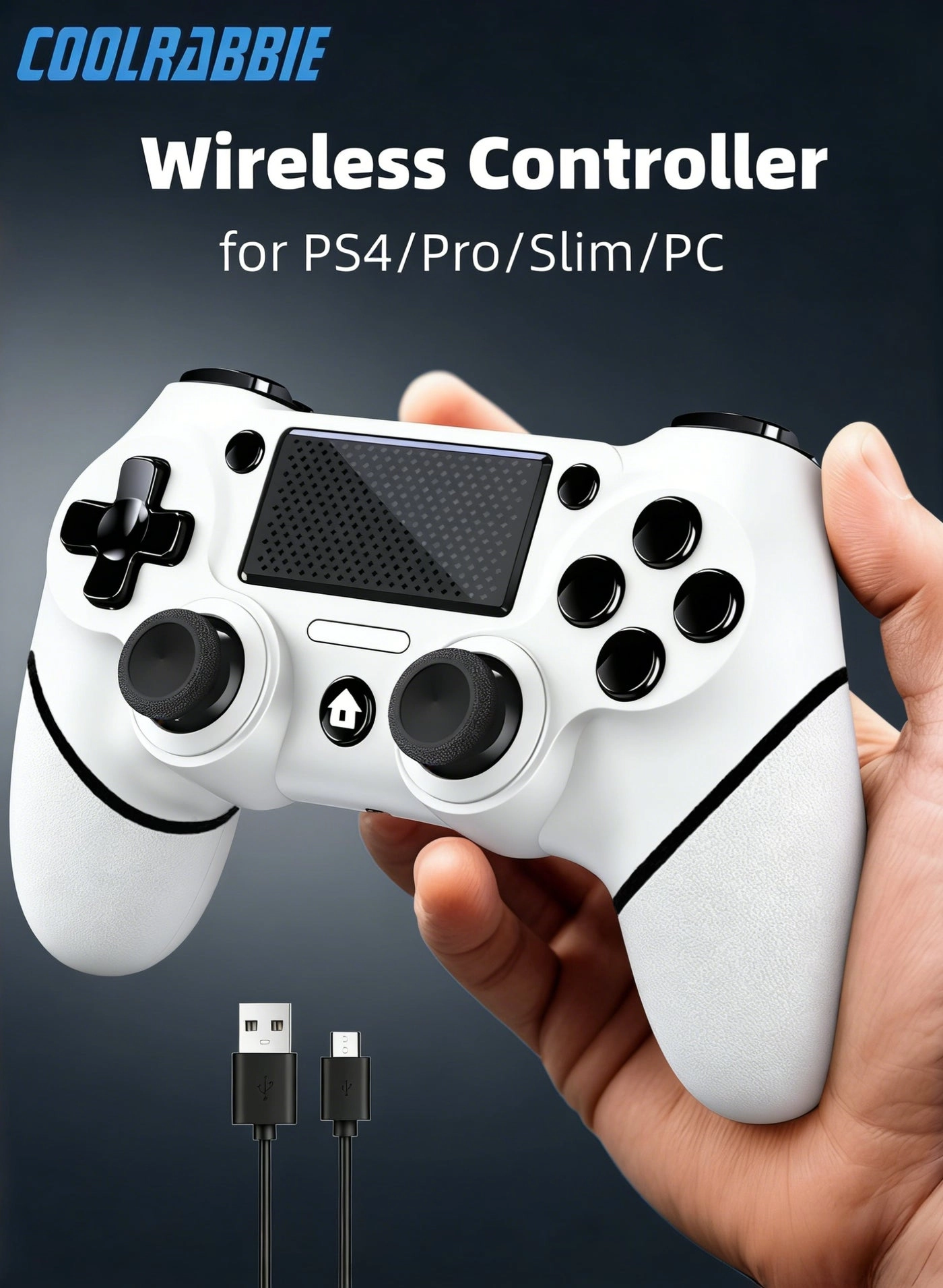 CoolRabbie Wireless Gaming Controller for PS4/Pro/Slim/PC - White