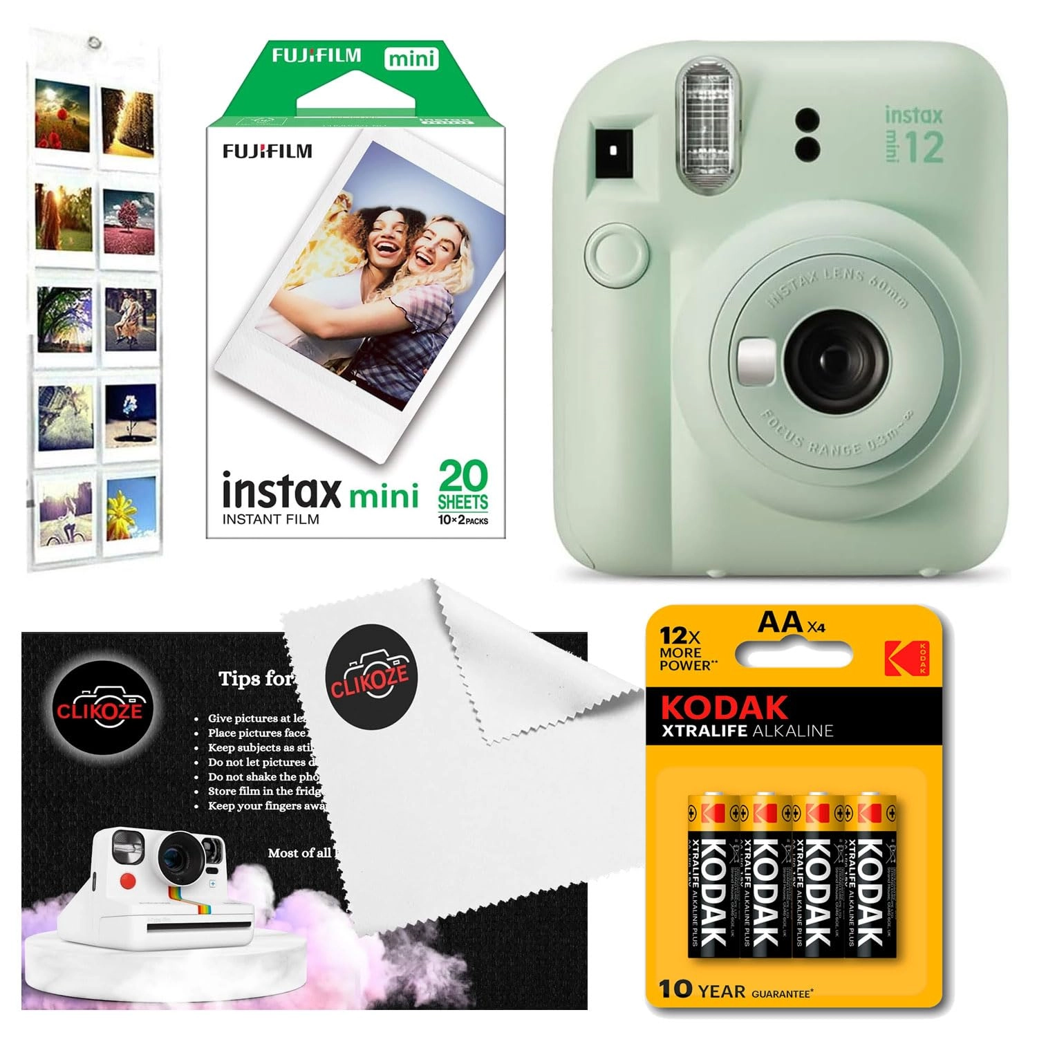 Clikoze Mini 12 - Mint Green + Mini Film - 40 shots + Mini 12 Case + Mini Album Book + Film Stickers + Colour Filters