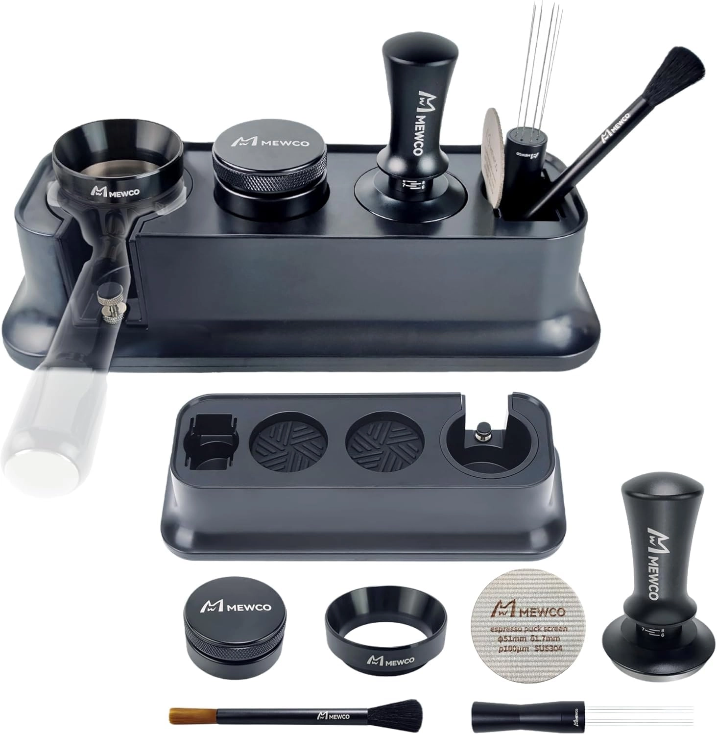 M MEWCO Tamper Station + Coffee Distributor + Tamper + WDT Stirrer + Tamping Brush + Dosing Funnel + Puck Screen