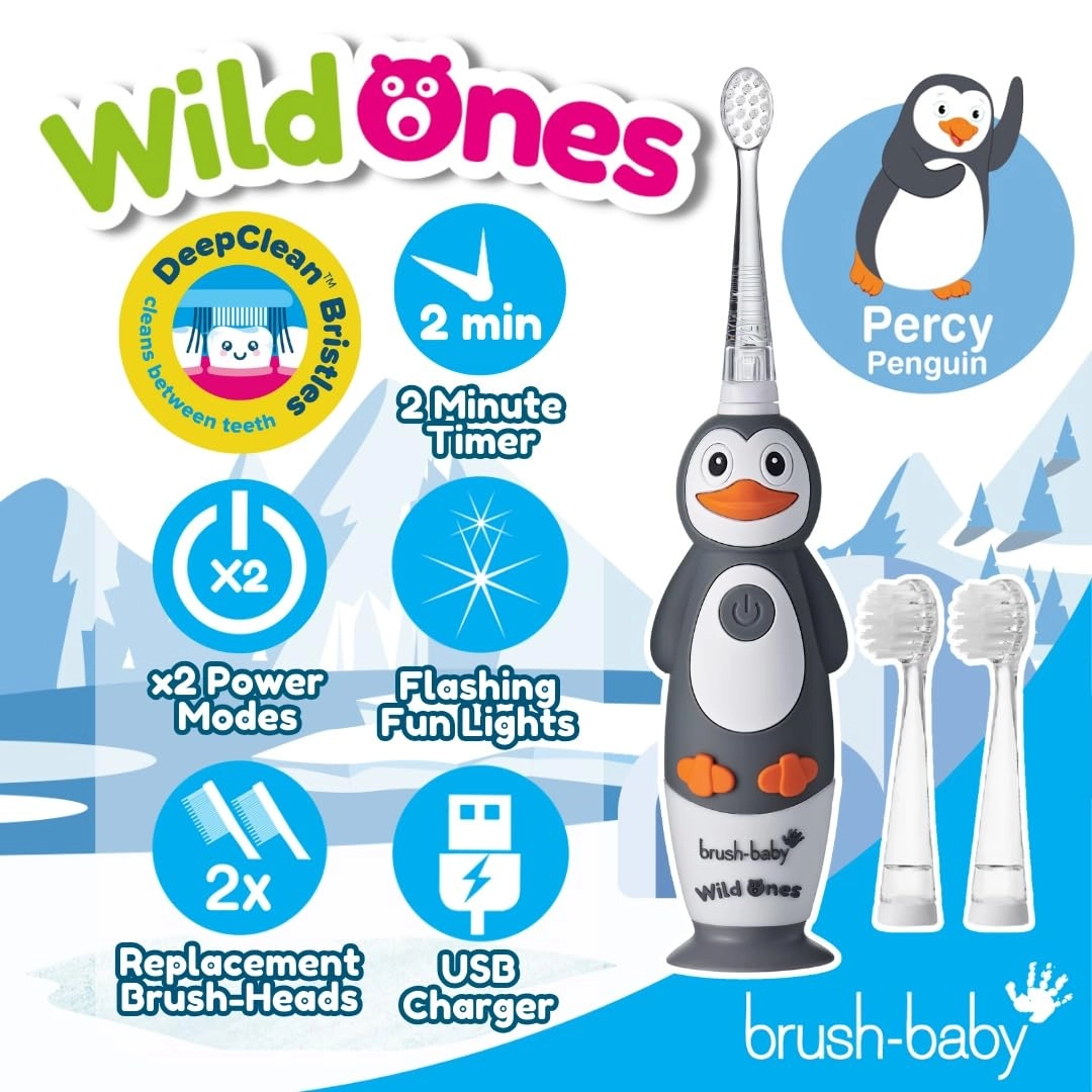 WildOnes - Kids Electric Rechargeable Toothbrush Penguin 1 Handle 3 Brush Heads