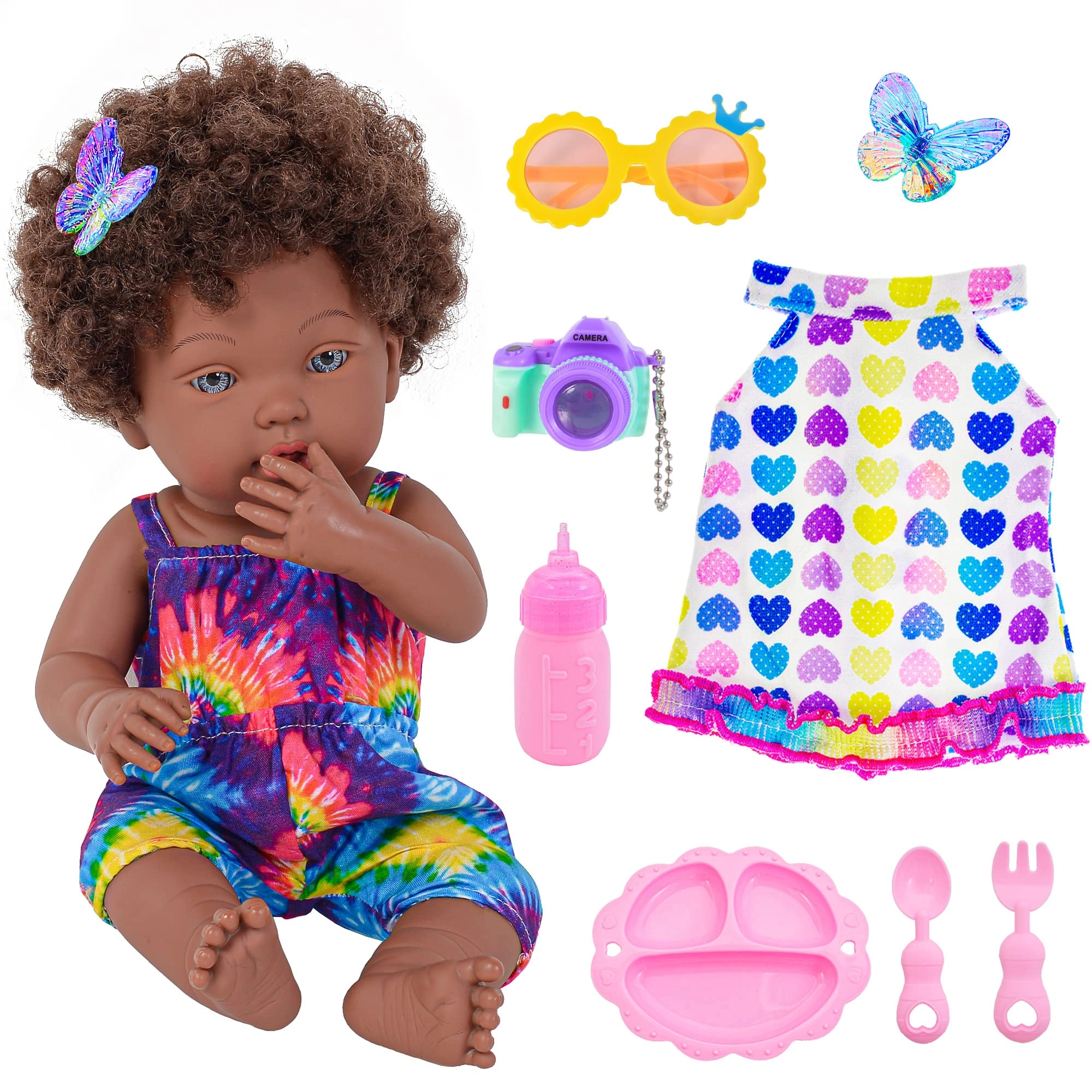 dollbie Reborn Baby Doll - 14 Inch African American Curly Brown Hair Ages 3+