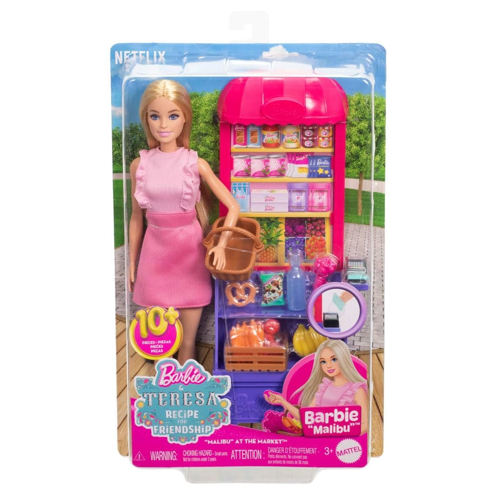 Malibu Fashion Doll + Teresa Fashion Doll + Market Playset - 11 Accessories Ages 3+