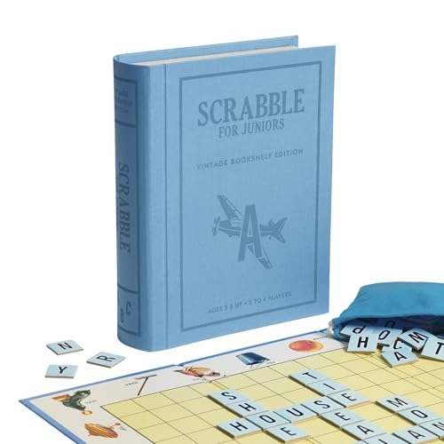 Scrabble for Juniors: Vintage Bookshelf Edition - 2-Sided Board Fabric-Wrapped Bookshelf Case