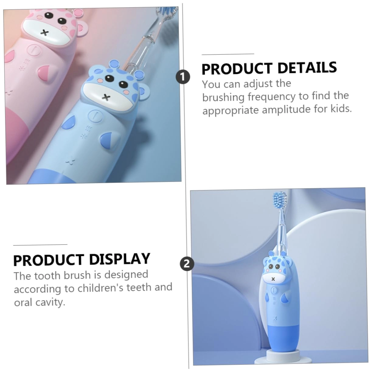 USB Rechargeable Kids Electric Toothbrush - 2 Brush Heads Sonic Vibration