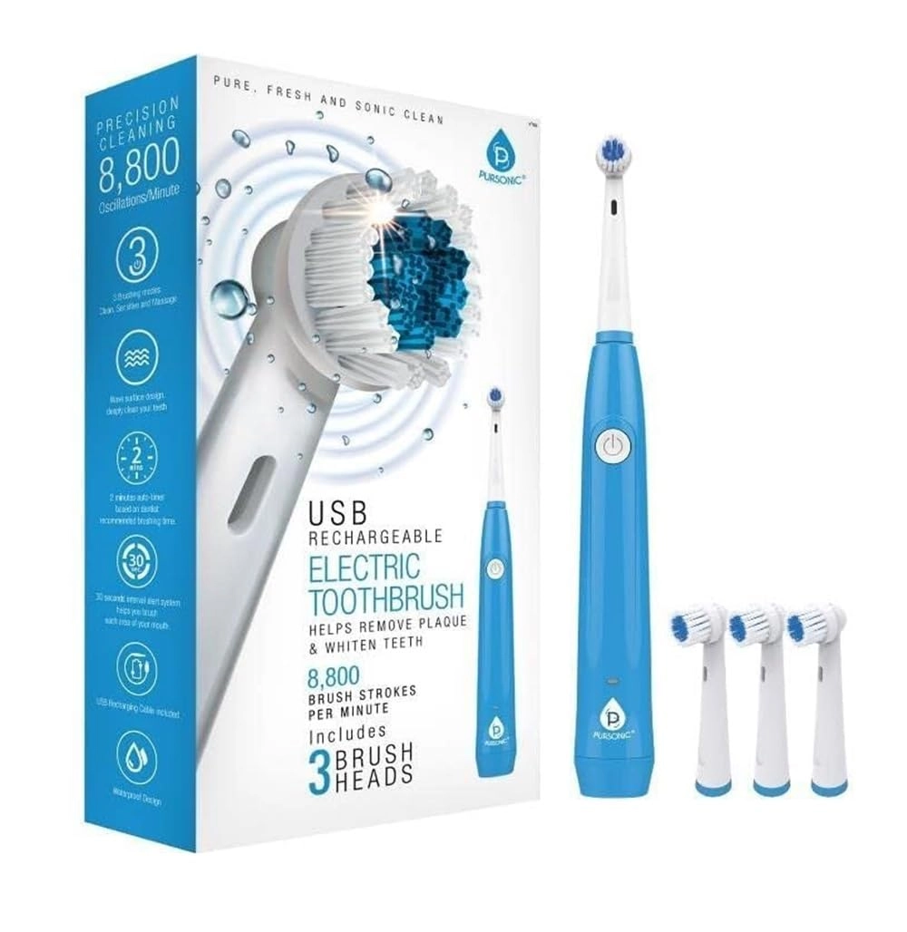 Pursonic Rotating Electric Toothbrush - 3 Brush Heads 3 Cleaning Modes USB Rechargeable