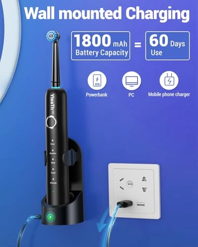Electric Toothbrush - Rotating 8 Brush Heads Matte Black