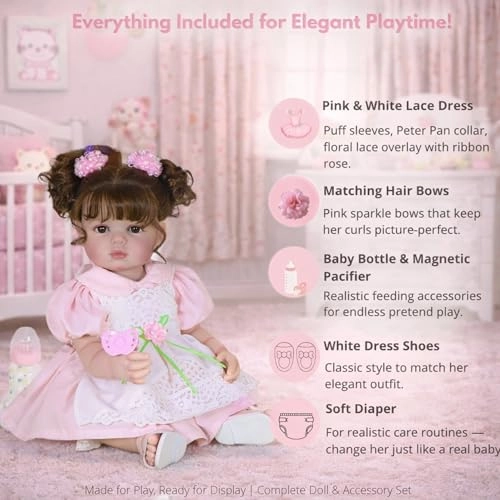 Reborn Toddler Doll - 22 inch Full Vinyl Body Rooted Brown Hair Ages 14+