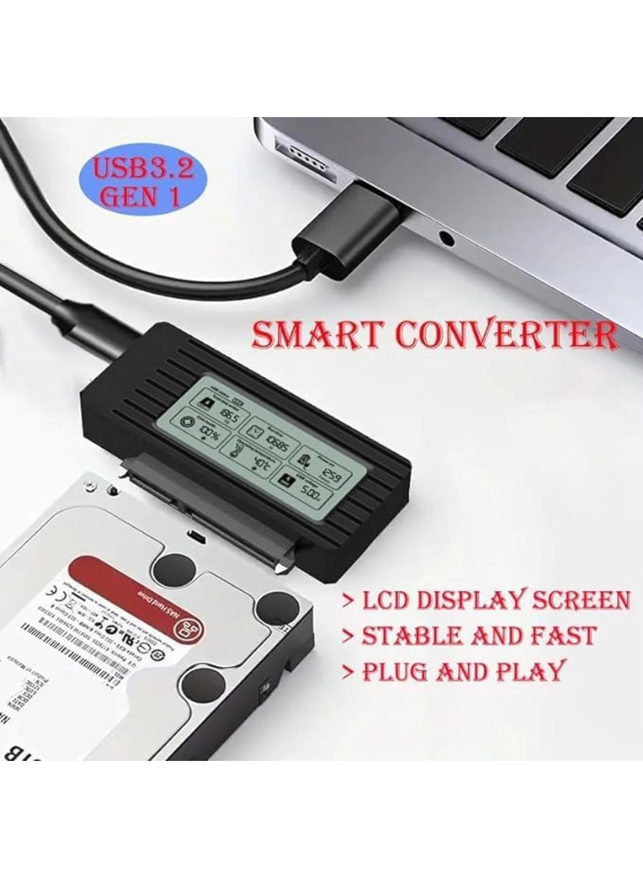 SATA to USB Adapter Cable - USB 3.2/3.1/3.0 Type-C LCD Speed Display