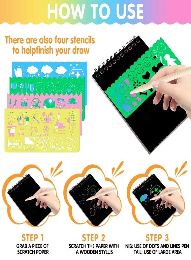 Rainbow Scratch - 50 Scratch Sheets 5 Wooden Stylus Pens 4 Drawing Stencils Gift Set
