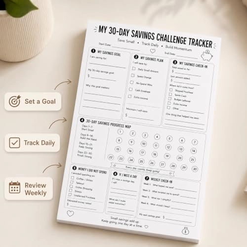 30-Day Savings Challenge Tracker Notepad 6 x 9 Softcover - 50 Sheets