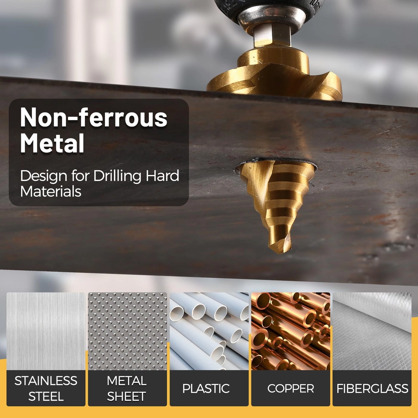 Titanium Step Drill Bit - HSS Titanium Coating 1/4"" to 1-3/8""