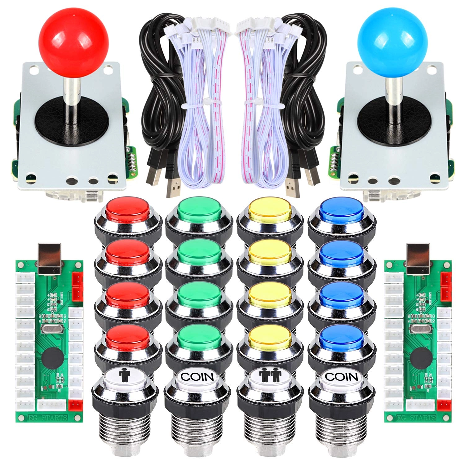 rayihni 2 PLAYER ARCADE DIY KIT USB ENCODER + 8 WAYS STICKER + CHROME LED ILLUMINATED PUSH BUTTON