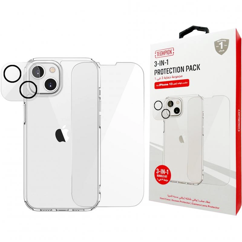 Techpick Hard Case + Tempered Glass + Camera Lens Protector for iPhone 13