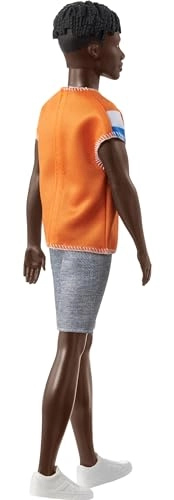 Ken Fashion Doll - Twisted Black Hair Orange Athletic Jersey Ages 3+