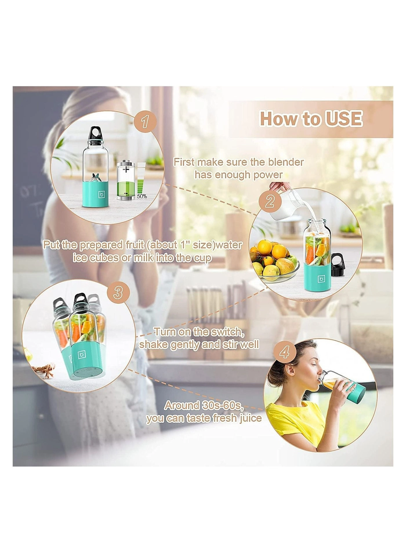 Portable Blender With Handle - Handle cup cover SUS304 stainless steel 4-blade Rechargeable USB