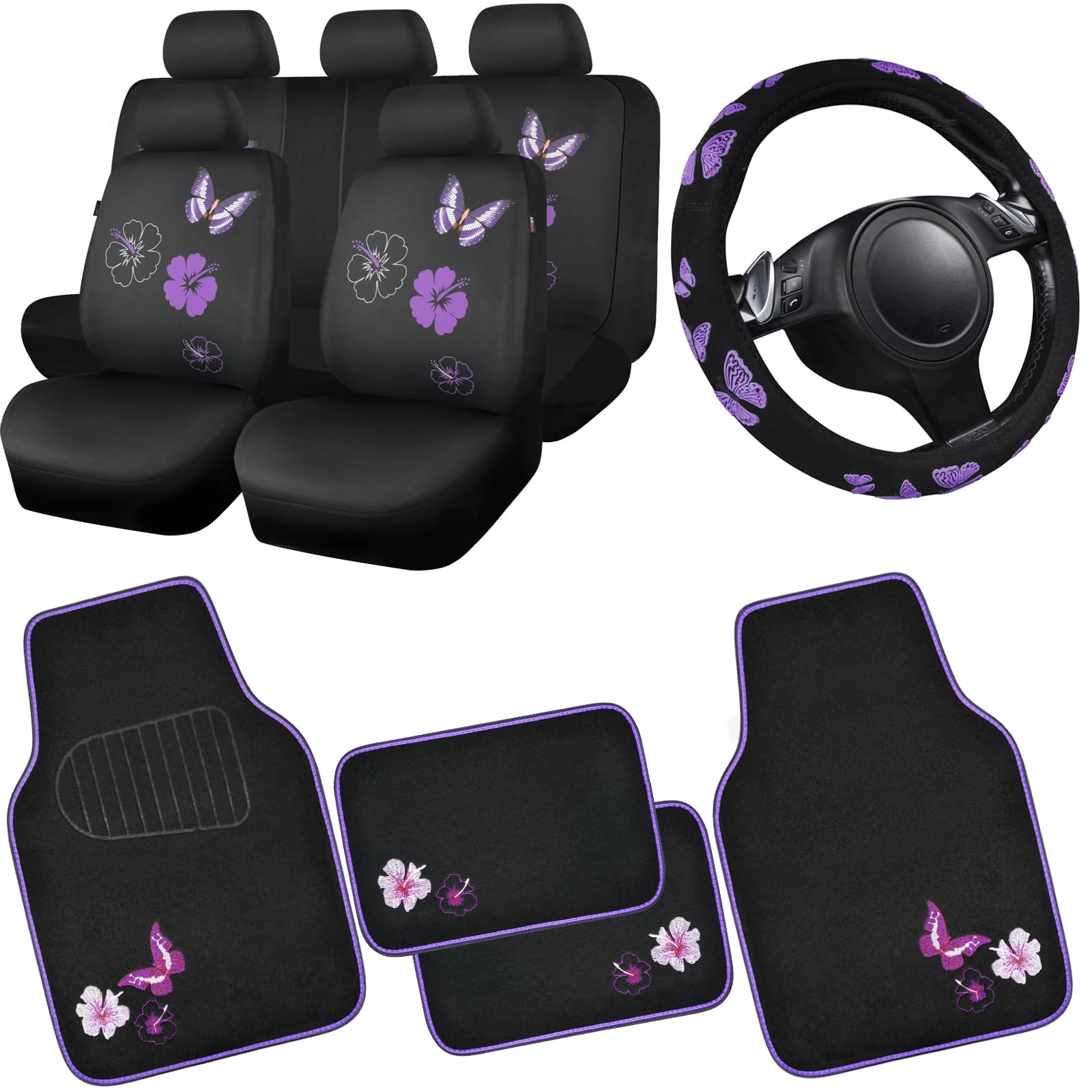 LJ Embroidery Butterfly and Flower Car Floor Mats