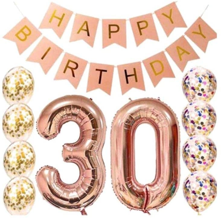 Happy Birthday Banner + Foil Balloon + Latex Balloons - 23-Pieces 30th Birthday