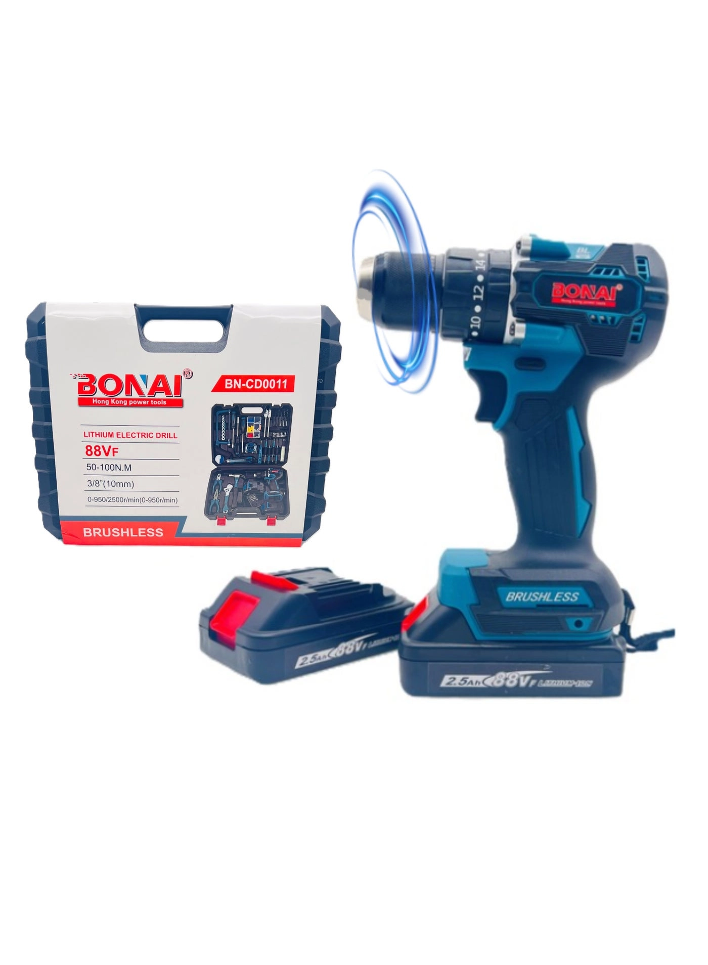 BONAI 88V Brushless Cordless Electric Drill Set - 100 Newton Meters 2500 RPM