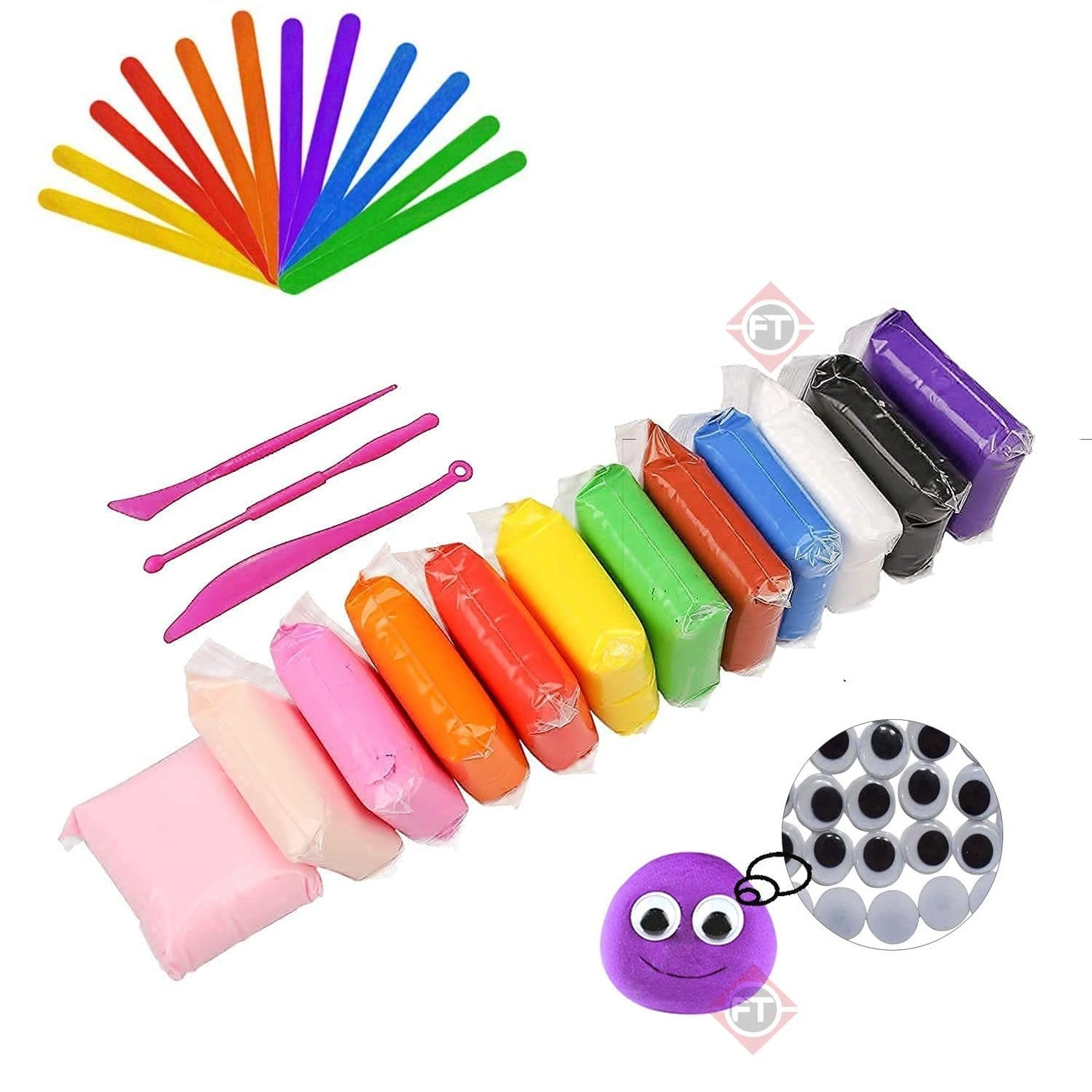 F1rstly Traders Air Dry Clay - 12pc + Ice Cream Sticks + Googly Eyes + Modelling Tools