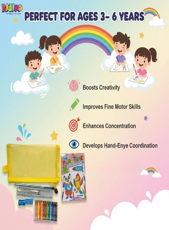 Colouring Book + Pouch + Pack of Wax Colours + Pencil + Sharpener + Eraser + Scale - 1 Colouring Book, 1 Pouch, 1 Pack of Wax Colours (12 Shades), 1 Pencil, 1 Sharpener, 1 Eraser, 1 Scale