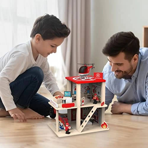 Pink Princess Wooden Dollhouse + Miniature Fire Station Wooden Dollhouse + Station Wooden Dollhouse