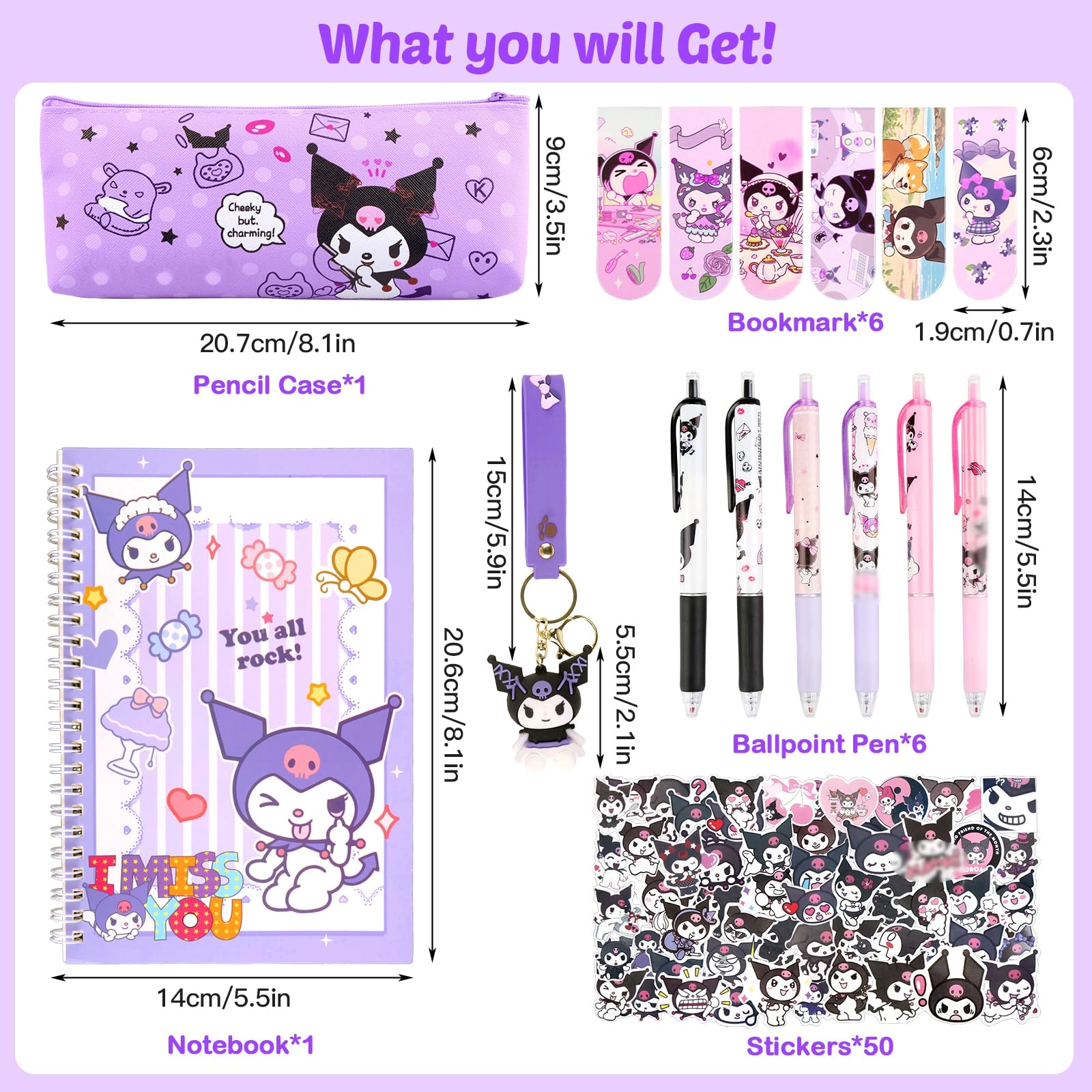 Gel Pens - 6 + Pencil Case - 1 + Notebook - 1 + Stickers - 50 + Bookmarks - 6 + Keychains - 1