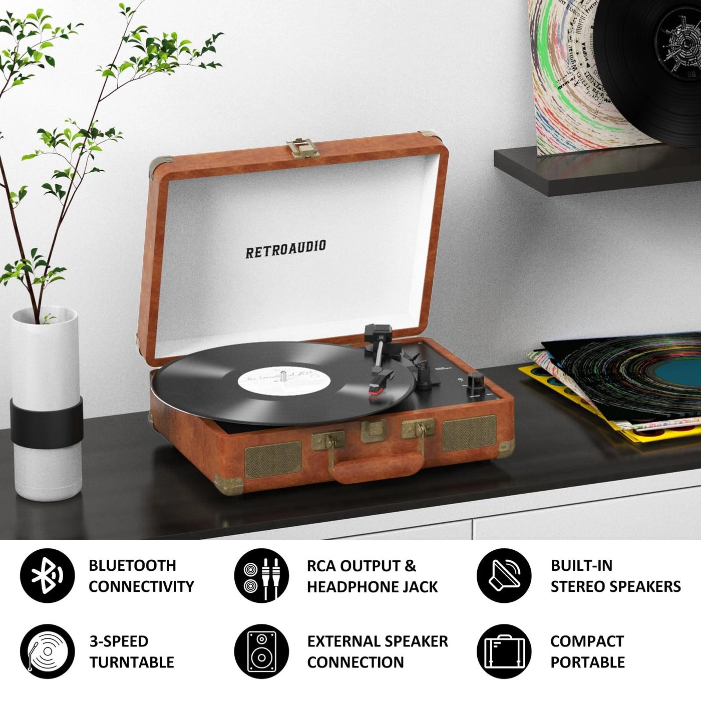 Vinyl Record Player - 24W Bookshelf Speakers BT IN&OUT