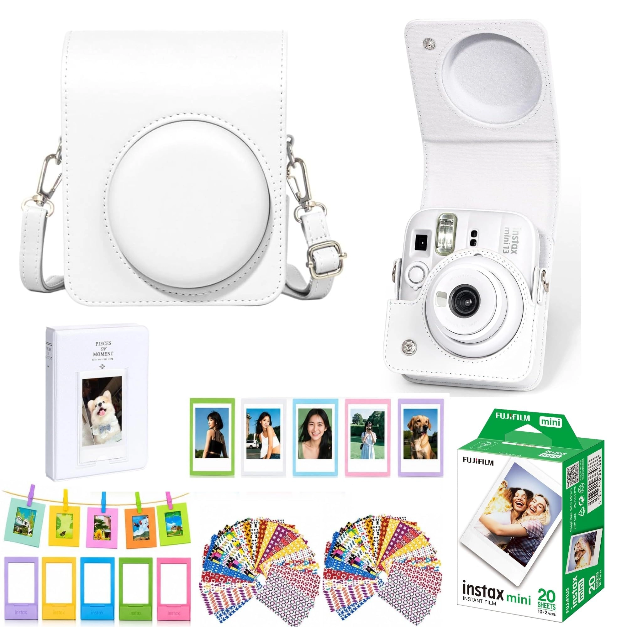 VIDIFY Camera Case - Clay White + Instax Mini Film 20 Shot + Mini Photo Album - 64 Pocket + Hanging Photo Display + Mini Desktop Photo Frames - 5 + Magnetic Fridge Photo Frames - 5 + Decorative Photo Border Stickers - 60